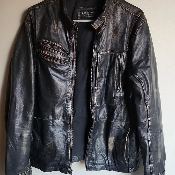 Rogue State Men's Distressed Black Leather Jacket Large - Picture 4 of 16